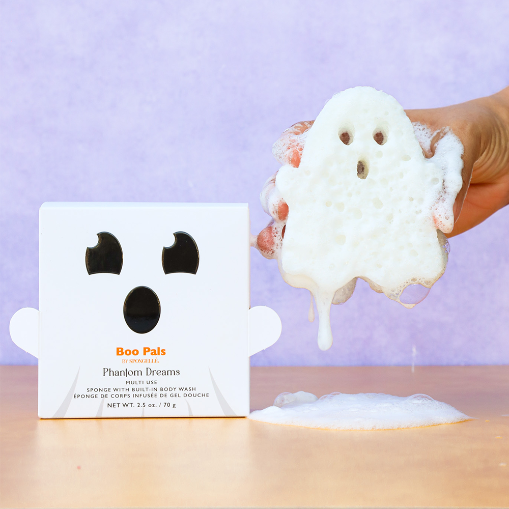 Spongellé Phantom Dreams Ghost Boo Pals Buffer, a body wash infused buffer with ghost design, soft and exfoliating for smooth skin.