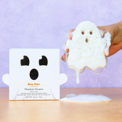 Spongellé Phantom Dreams Ghost Boo Pals Buffer, a body wash infused buffer with ghost design, soft and exfoliating for smooth skin.