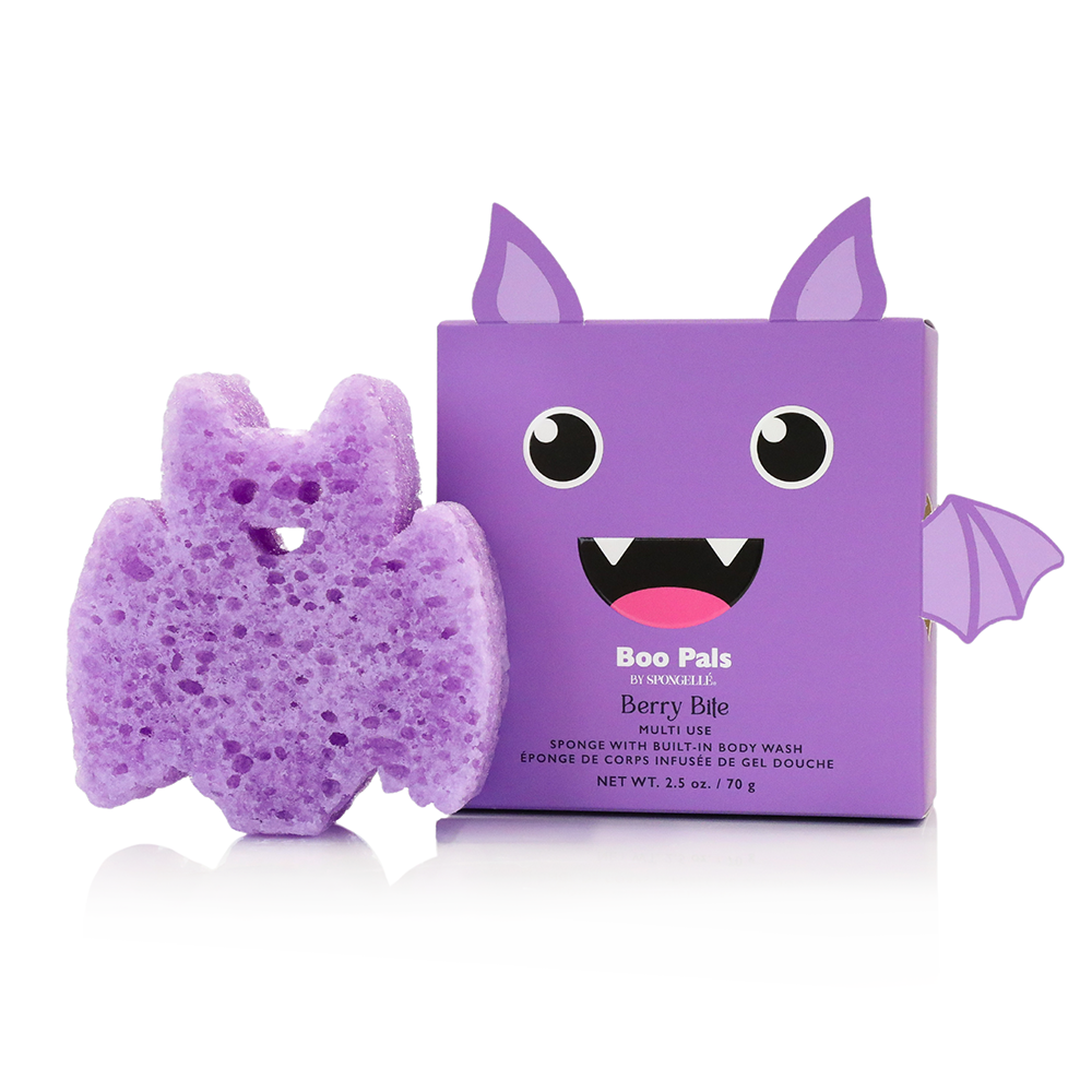 Spongellé Berry Bite Bat Boo Pals Buffer, a body wash infused buffer with berry-themed design and soft texture.