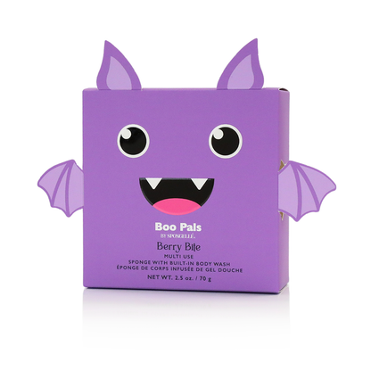 Spongellé Berry Bite Bat Boo Pals Body Wash Infused Buffer with berry-themed design and textured surface for gentle cleansing.