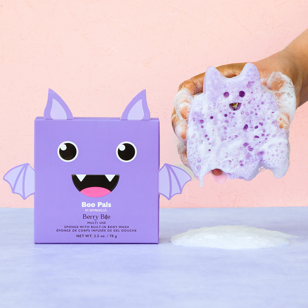 Spongellé Berry Bite Bat Boo Pals Buffer, a body wash infused buffer with berry-themed design and playful bath accessory.