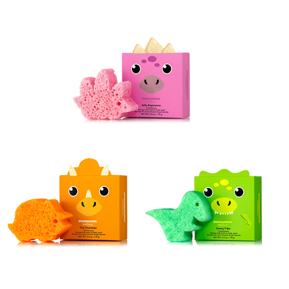 Spongellé Spongeasaurus assorted pack of body wash infused buffers featuring colorful dinosaur shapes for gentle skincare.