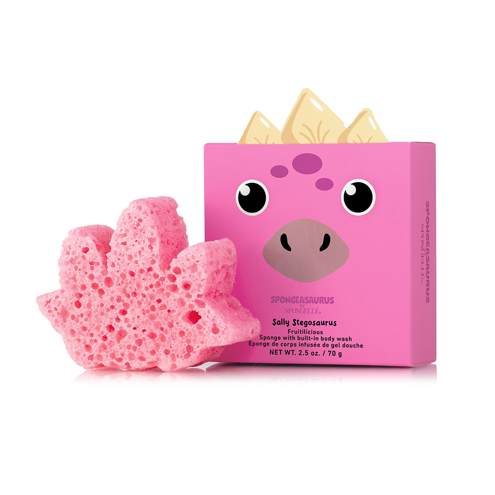 Spongellé Spongeasaurus assorted body wash infused buffers in various colors and shapes, designed for gentle cleansing and exfoliation.