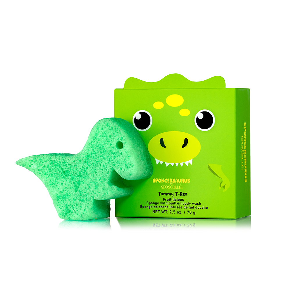 Spongellé Spongeasaurus assorted pack of body wash infused buffers with colorful sponge shapes for gentle cleansing.
