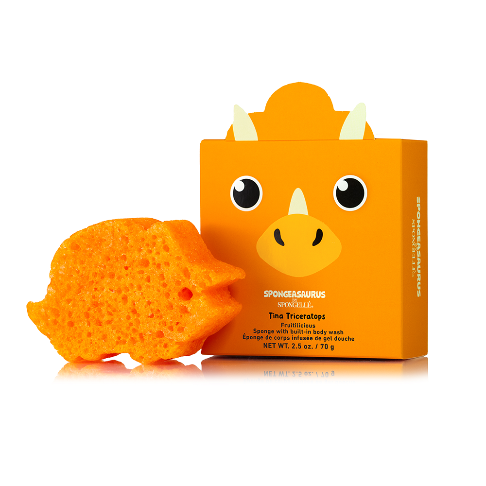 Spongellé Spongeasaurus assorted pack of body wash infused buffers with colorful, textured sponges for gentle cleansing.