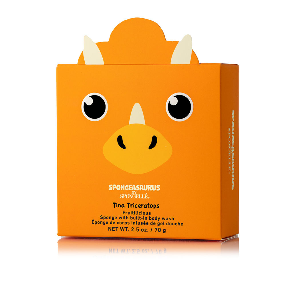Spongellé Tina Triceratops Spongeasaurus body wash infused buffer with triceratops design and colorful dinosaur-themed appearance.