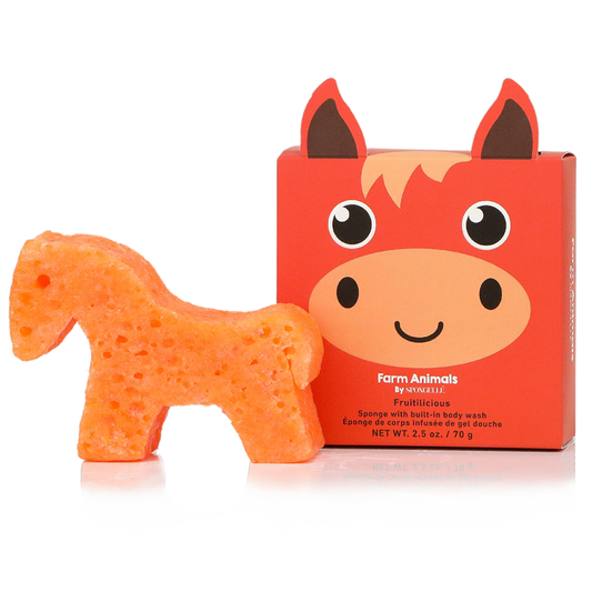 Spongellé Henry Horse farm animal-themed body wash infused buffer with colorful horse design and textured surface for exfoliation.