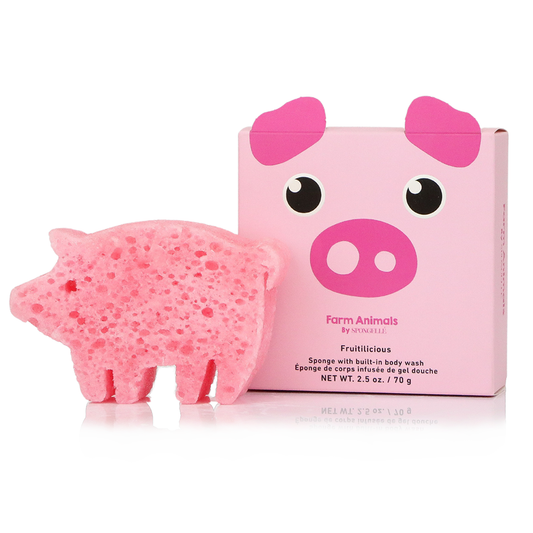 Spongellé Peggy Pig farm animal body wash infused buffer with pig-shaped design and colorful farm-themed accents.