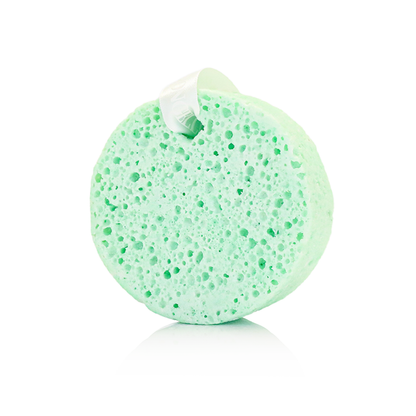 Spongellé Pistachio body wash-infused buffer with textured sponge surface for exfoliating and cleansing the skin.