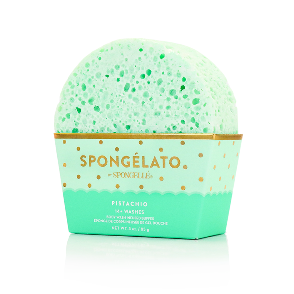 Spongellé Pistachio Spongelato Buffer, a body wash infused buffer with a pistachio scent and textured surface for gentle exfoliation.