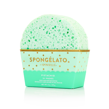 Spongellé Pistachio Spongelato Buffer, a body wash infused buffer with a pistachio scent and textured surface for gentle exfoliation.