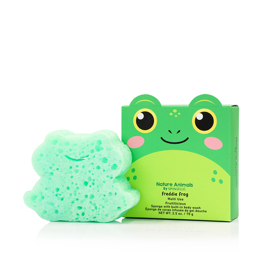 Spongellé Freddie Frog body wash infused buffer featuring a playful frog design for gentle cleansing and exfoliation.