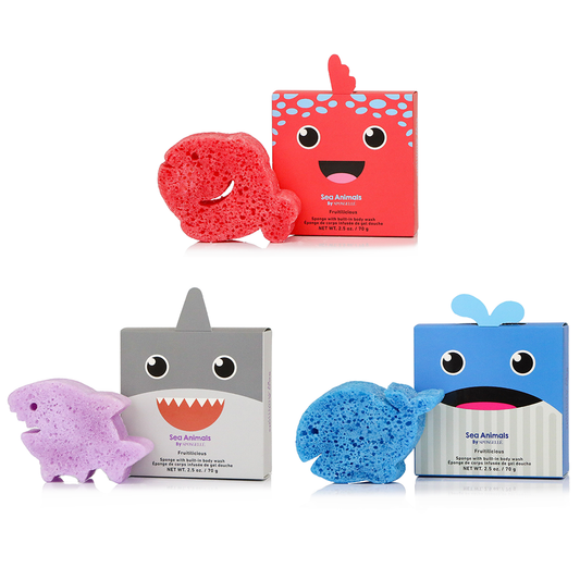 Spongellé Sea Animals Assorted Pack body wash infused buffers featuring colorful sea creature designs and textured exfoliating surfaces.