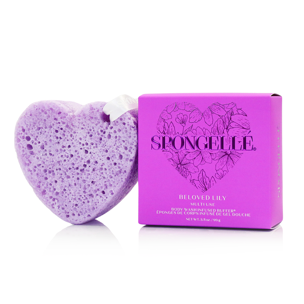 Spongellé Beloved Lily Heart Buffer body wash infused exfoliating buffer with floral lily scent, gentle for smooth skin.