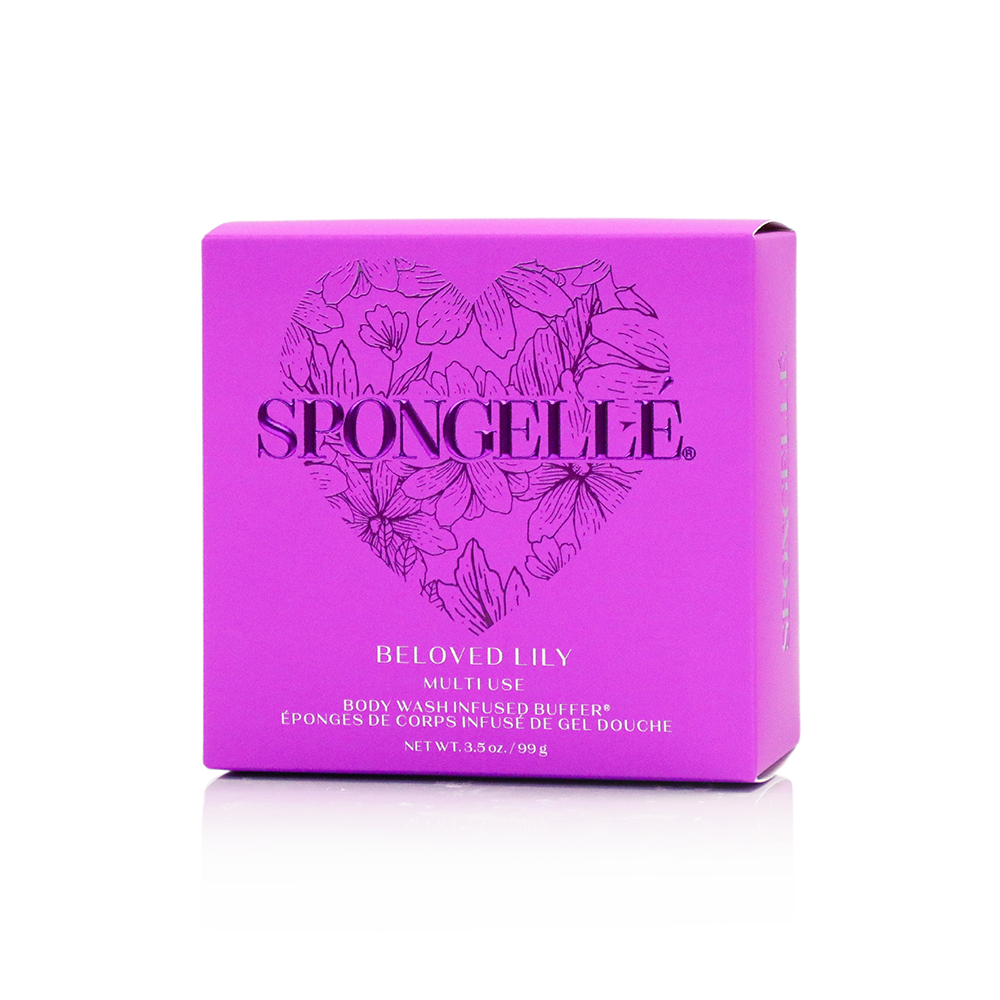 Spongellé Beloved Lily Heart Buffer body wash infused buffer with floral design and soft texture for cleansing and gentle exfoliation.