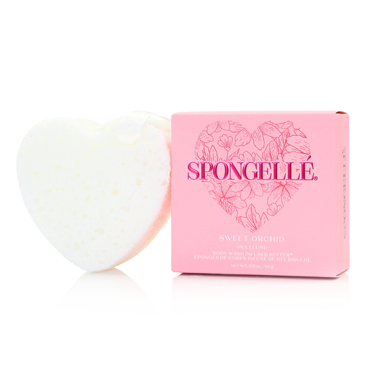 Spongellé Sweet Orchid Heart Buffer body wash-infused exfoliating sponge with floral design for gentle skin cleansing and smoothing.
