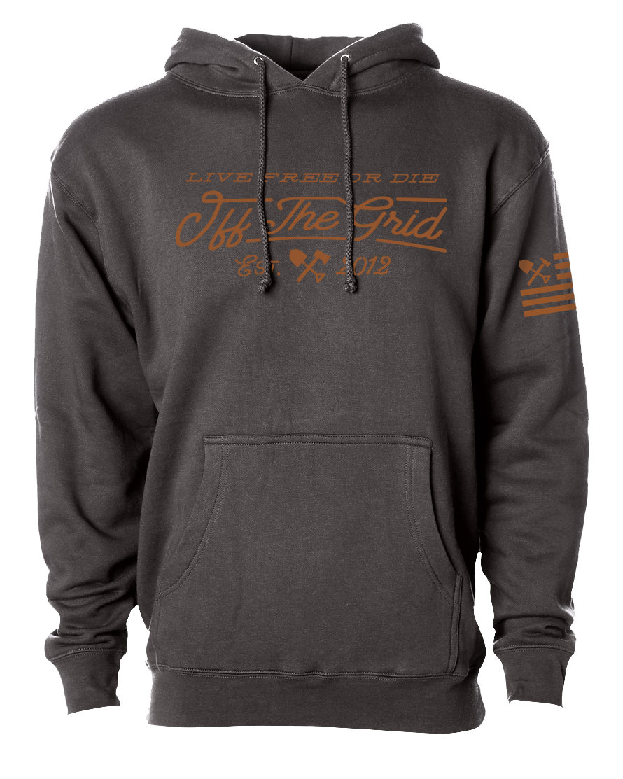 Off The Grid Surplus fleece train hoodie featuring a graphic design on asphalt-colored fabric.