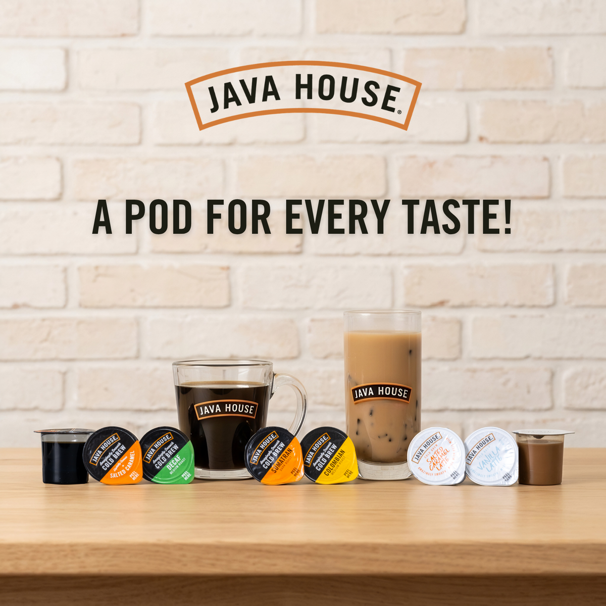 Java House Colombian cold brew coffee pod, single-serving pod with rich coffee flavor and dark brown color.