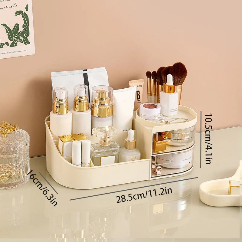 Blushimmer cosmetic storage box with drawer holding lipstick, brushes, and skincare products on a desktop organizer.