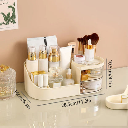 Blushimmer cosmetic storage box with drawer holding lipstick, brushes, and skincare products on a desktop organizer.
