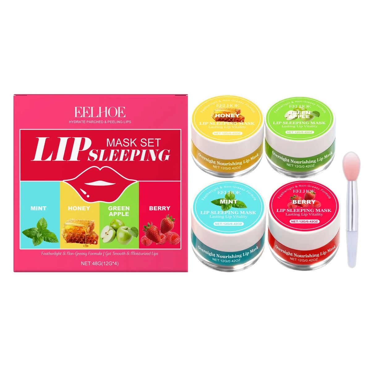 Blushimmer 4-flavor lip sleeping mask set with moisturizing, exfoliating lip care for soft, smooth, and restored lips overnight.