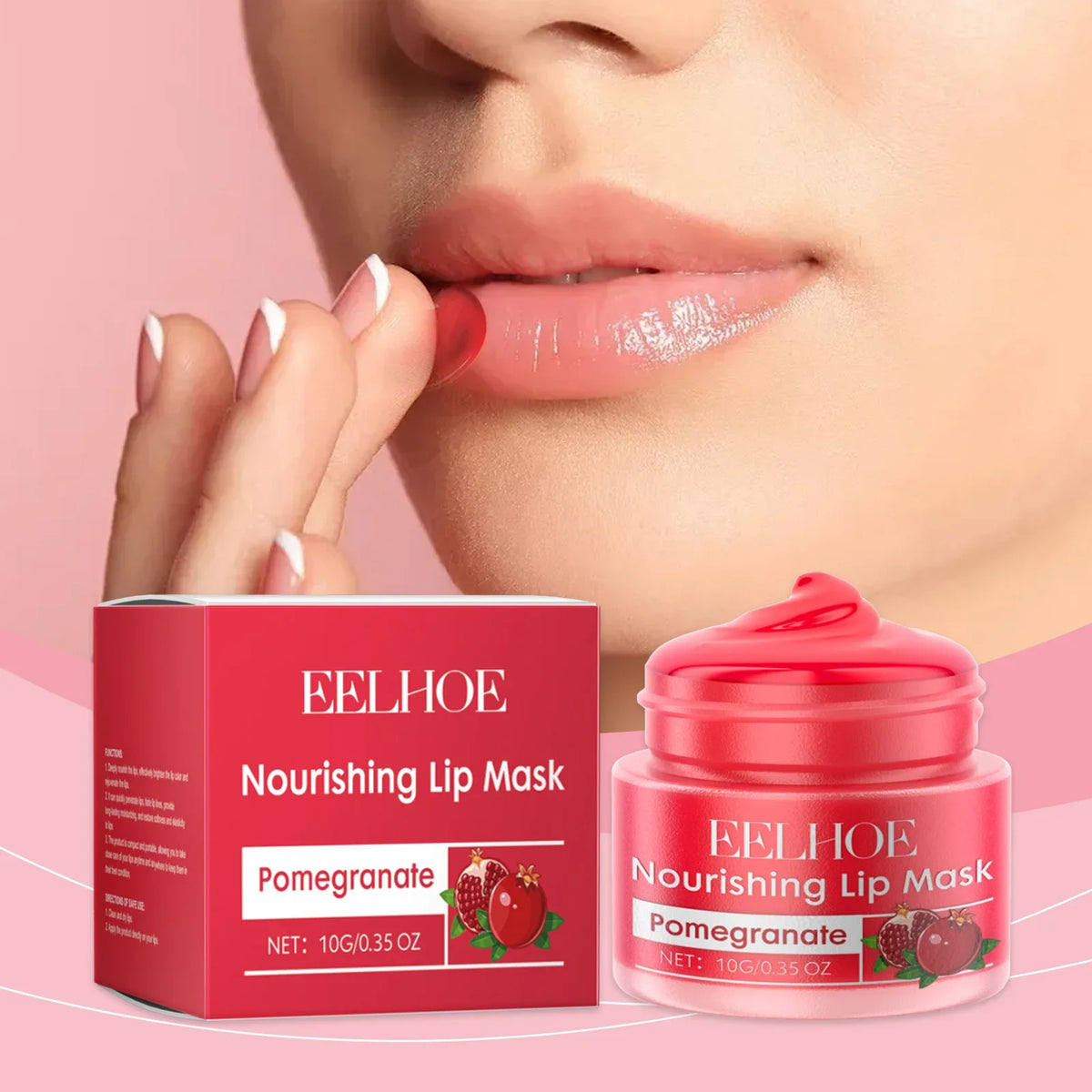 Eelhoe Blushimmer red pomegranate lip sleeping mask in a jar, showing glossy, nourishing lip treatment for dry, cracked lips