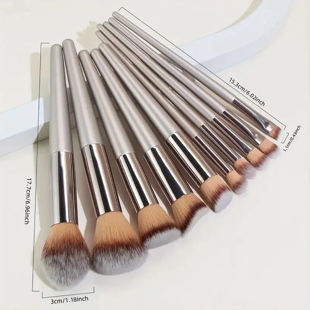 Blushimmer 14-piece synthetic makeup brush set with foundation, powder, concealer, eye shadow, and blush brushes arranged on a white background.