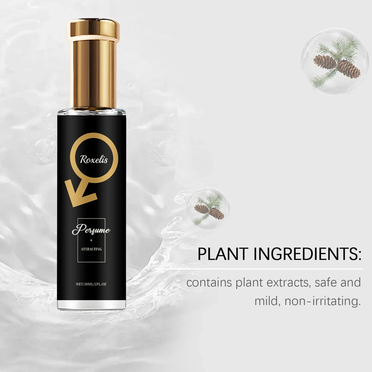 Roxelis 30ml men's pheromone perfume by Blushimmer featuring cedar fragrance, romantic scent, and fresh body aroma.
