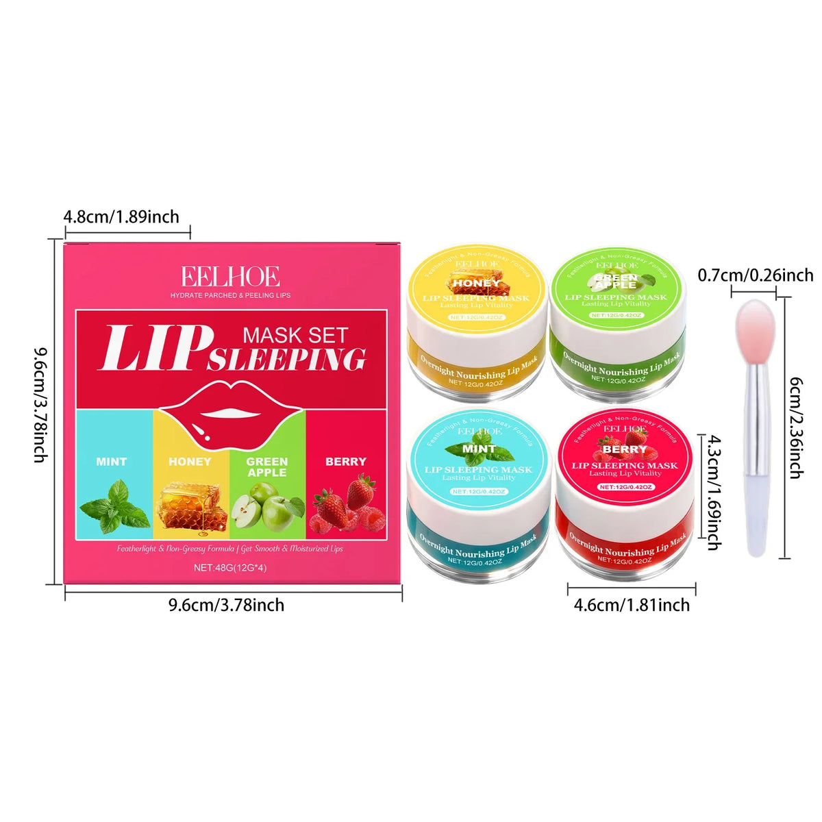 Blushimmer 4-flavor lip sleeping mask set with moisturizing, exfoliating lip care for soft, smooth, and restored lips overnight.