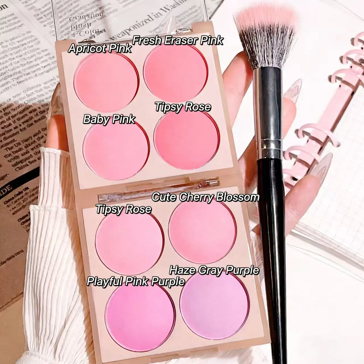 Blushimmer 3-piece matte blush powder set in four soft colors for natural, three-dimensional face makeup application.