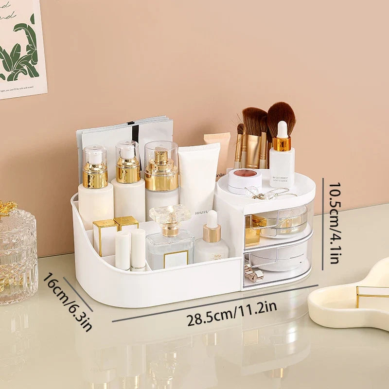 Blushimmer cosmetic storage box with drawer for lipstick, brushes, and skincare products, desktop makeup organizer on countertop