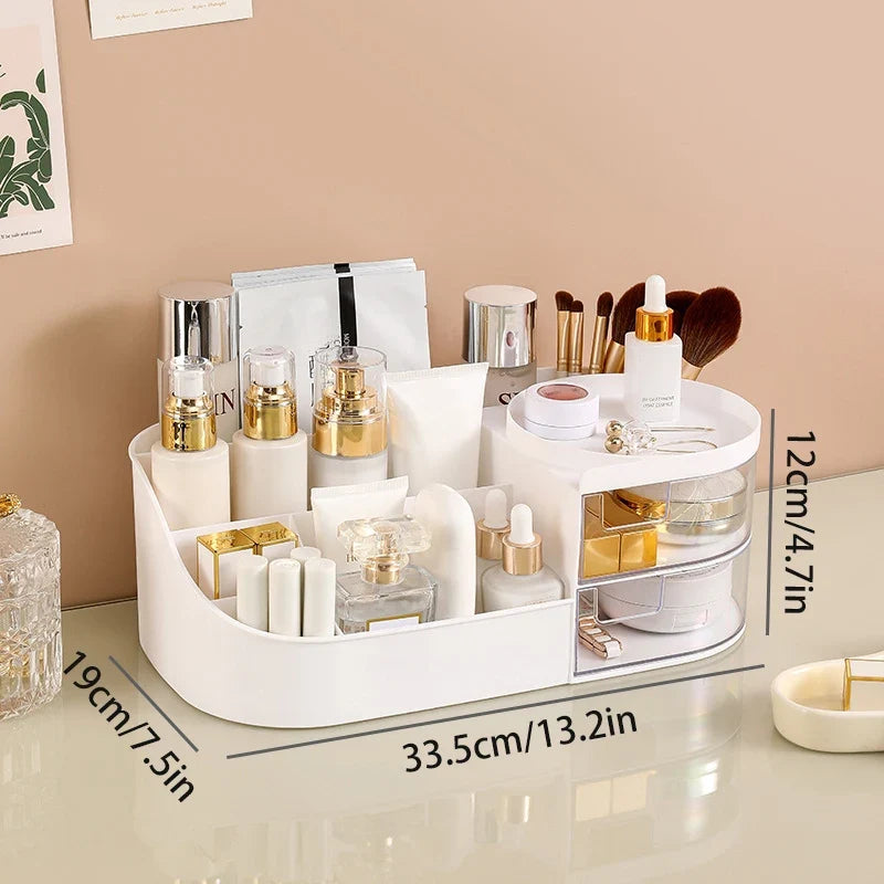 Blushimmer cosmetic storage box with drawer for skincare, lipstick, brushes, and makeup tools on a desktop organizer.