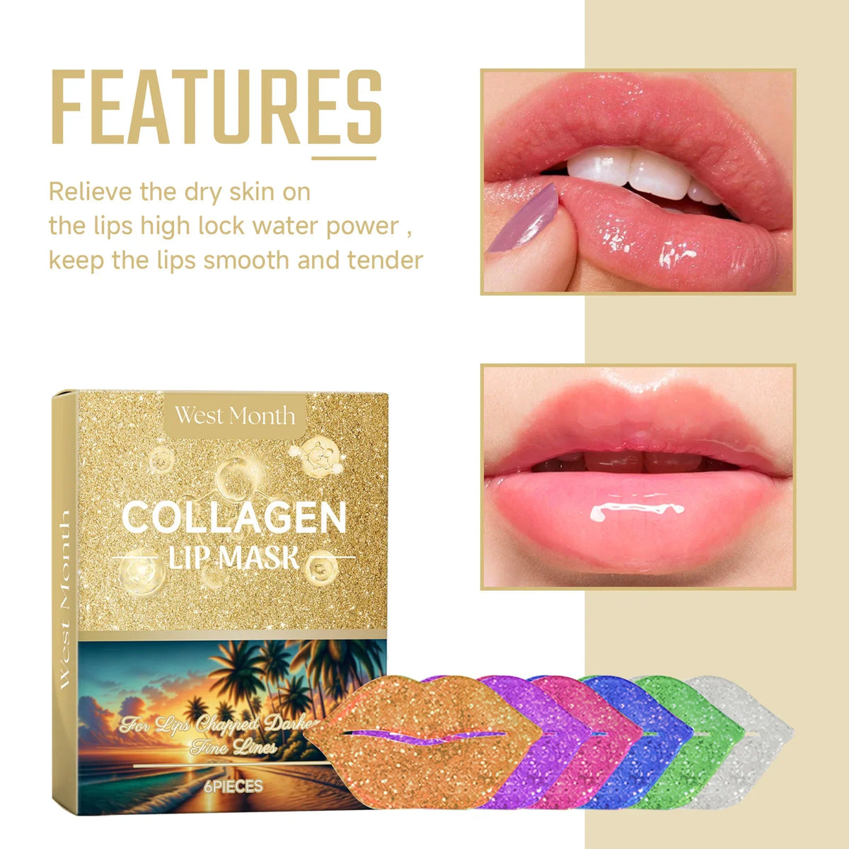 West&Month Blushimmer 6pcs collagen lip mask set with hydrating, firming, and nourishing formula for smooth, plumper lips.