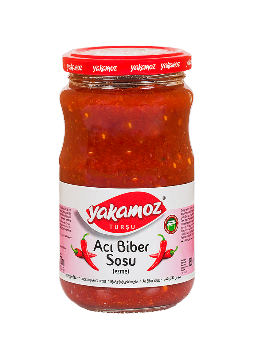 S101 Yakamoz Hot Pepper Sauce 350G bottle with red chili peppers and mixed spices, showcasing the spicy seasoning product.