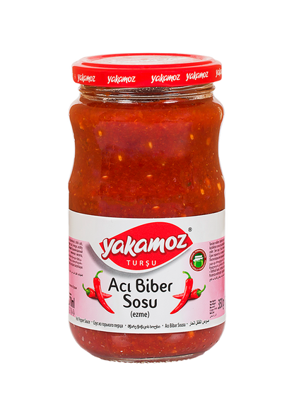 S101 Yakamoz Hot Pepper Sauce 350G bottle with red chili peppers and mixed spices, showcasing the spicy seasoning product.