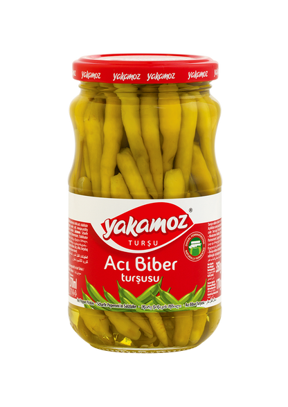 S101 Yakamoz hot pepper pickle in glass jar, spicy Turkish aci biber turşusu with vibrant red peppers and brine.