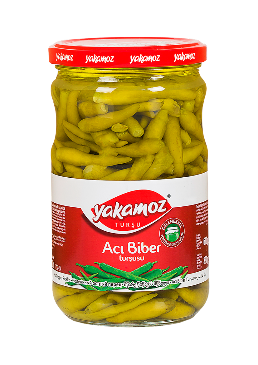 Glass jar of S101 Yakamoz Hot Pepper Pickle with vibrant red peppers inside, showcasing spicy Turkish-style hot pepper pickle.