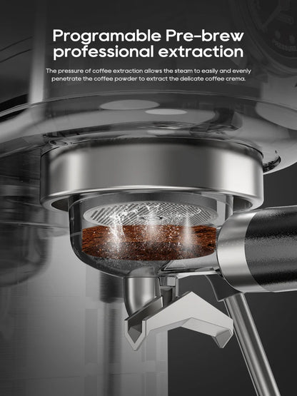 HiBREW 20Bar semi-automatic espresso coffee machine with temperature control, slim design, and cappuccino-making features.