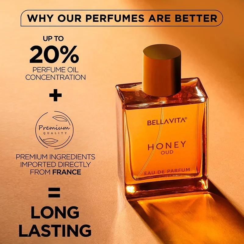 BellaVita Luxury Honey Oud Eau de Parfum by Blushimmer, 3.4 oz., unisex fragrance with honey and oud notes, elegant bottle.