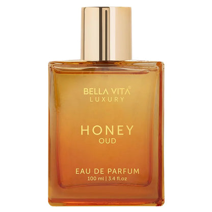 BellaVita Luxury Honey Oud Eau de Parfum by Blushimmer, 3.4 oz., unisex fragrance bottle with elegant design.