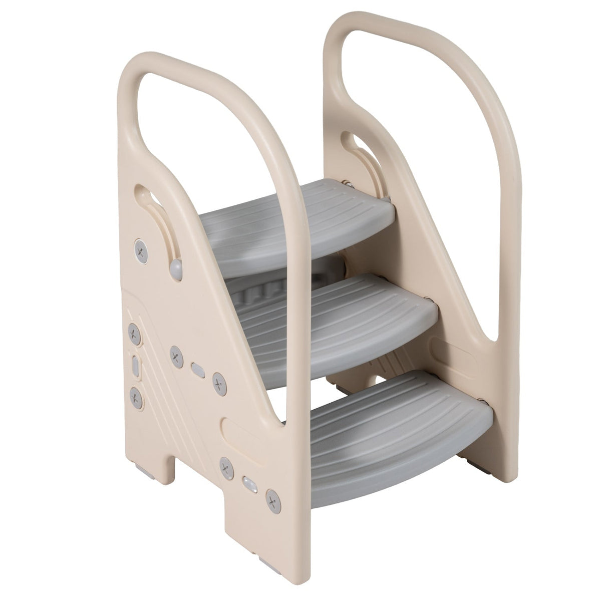 Adjustable 3-step helper stool with safety handles, designed for kids, in a neutral color, featuring sturdy construction.