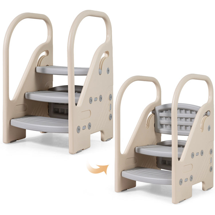 Adjustable 3-step kids helper stool with safety handles, ideal for helping children reach sinks or counters securely.