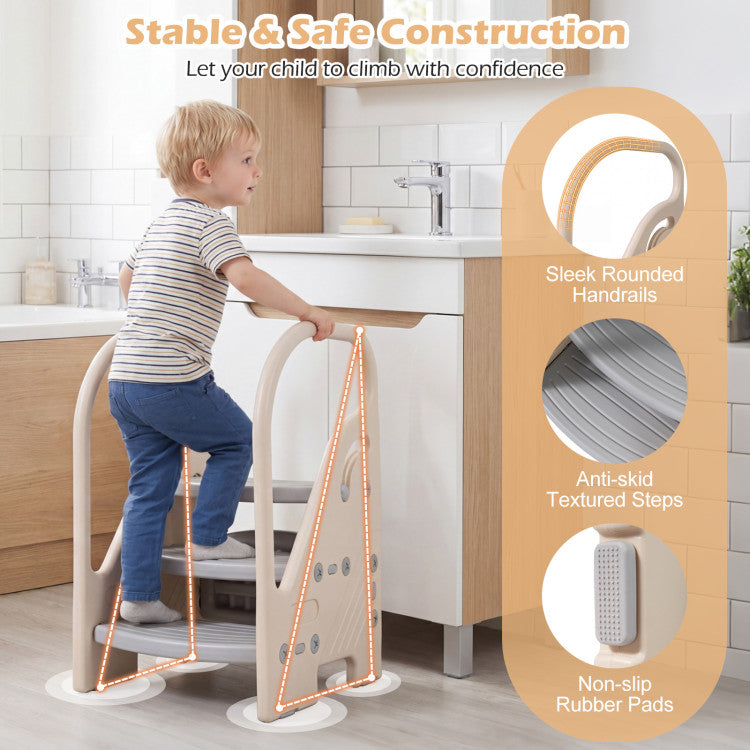 Adjustable 3-step helper stool with safety handles for kids, featuring sturdy construction and comfortable grip for easy use.