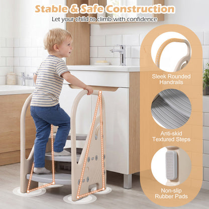 Adjustable 3-step helper stool with safety handles for kids, featuring sturdy construction and comfortable grip for easy use.