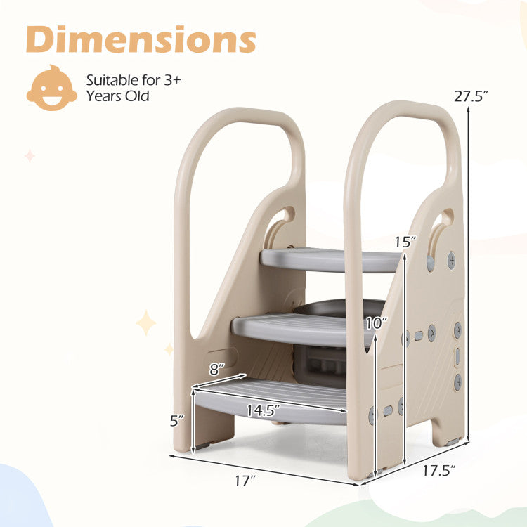 Adjustable 3-step helper stool with safety handles for kids, featuring sturdy design and non-slip steps for easy access.