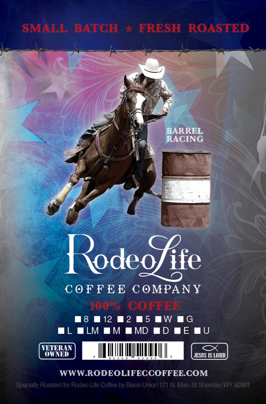 Barrel racing horses and rider in action, with Rodeo Life Coffee branding, showcasing dynamic equestrian sport scene.