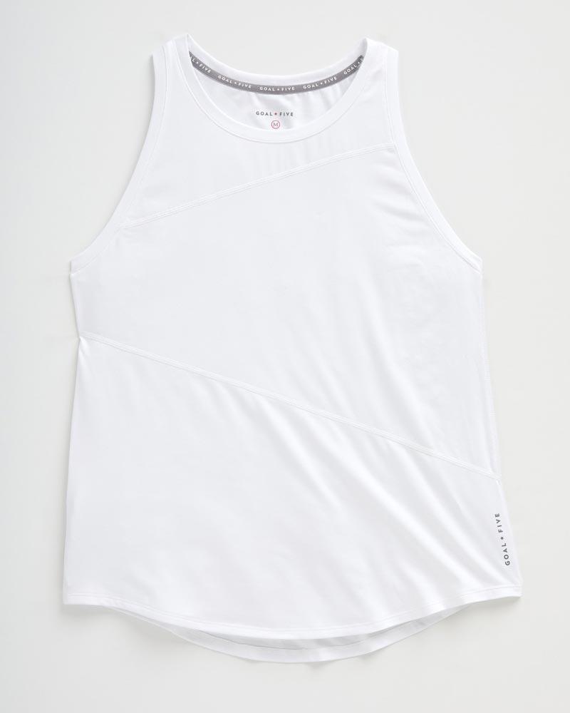 White Goal Five Advance women's workout tank top for training, with a fitted design and breathable fabric for active fitness.