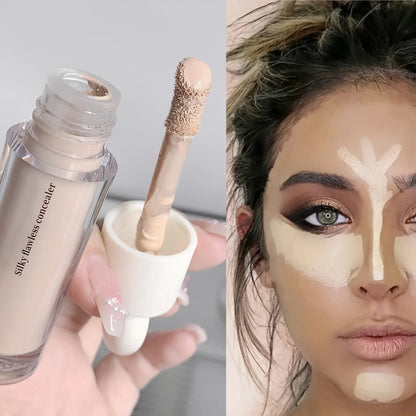 Blushimmer Flawless Finish Liquid Concealer covering blemishes, dark circles, and freckles with smooth, long-lasting application.