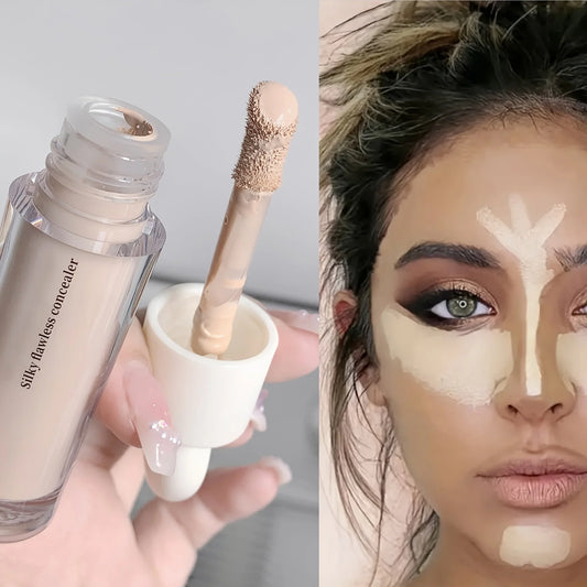 Blushimmer Flawless Finish Liquid Concealer covering blemishes, dark circles, and freckles with smooth, long-lasting application.