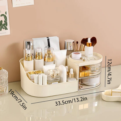 Blushimmer cosmetic storage box with drawer for lipstick, brushes, and skincare products, desktop makeup organizer.